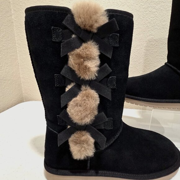 Ugg Boots Black Size 9 Women's Mid-Calf Bailey Bow II By Koolaburra Pom Poms - Picture 3 of 12